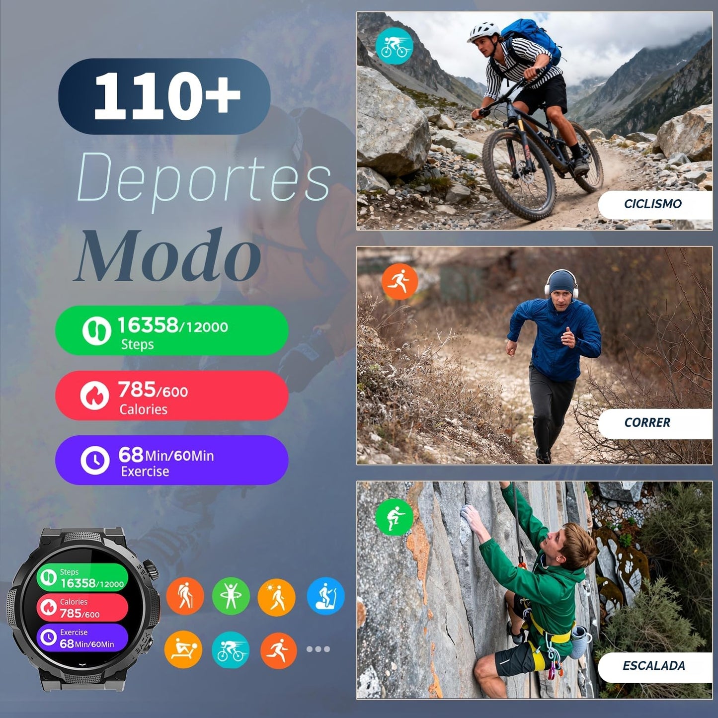 Reloj Inteligente Hombre con Linterna, 1.53'' Militar Smartwatch con Batería de 1000mAh, IP68 Reloj Deportivo con Llamadas Bluetooth/Monitor de Sueño/Pulsómetro, 100+Modos Deportivos para Android iOS