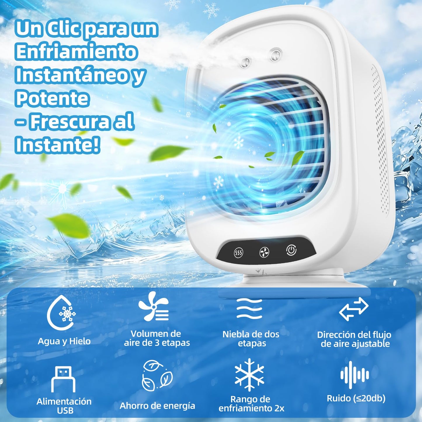 Aire Acondicionado Portatil, Mini Enfriador de Aire Portátil, 4 en 1 USB Recargable con Tanque 300 mL, 3 Velocidades, Adecuado para Dormitorio, Oficina, Camping (Blanco)
