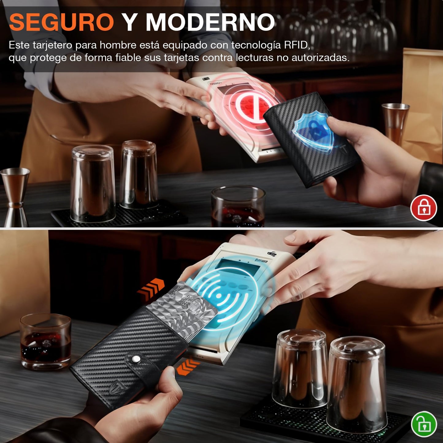 TENBST Carteras para Hombre | Tarjetero Cartera Hombre con Monedero & Bloqueo RFID | Tarjeteros para Tarjetas de Credito | Billeteras para Hombre | Regalo Hombre - Fibra de Carbon (Negro-Naranja)
