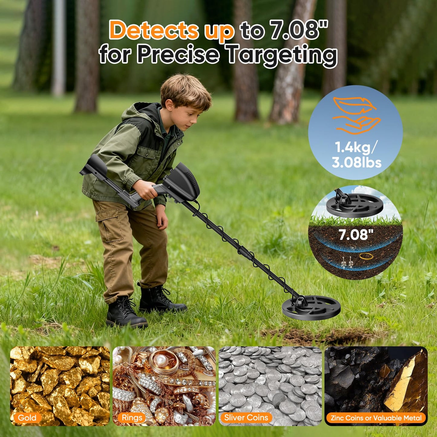 Detector de metales para adultos y niños, bobina impermeable IP68, detector de oro ajustable en altura 94-122cm, profundidad 18cm, diseño ligero para oro, monedas, búsqueda en playa(Azul-Negro (Juego)