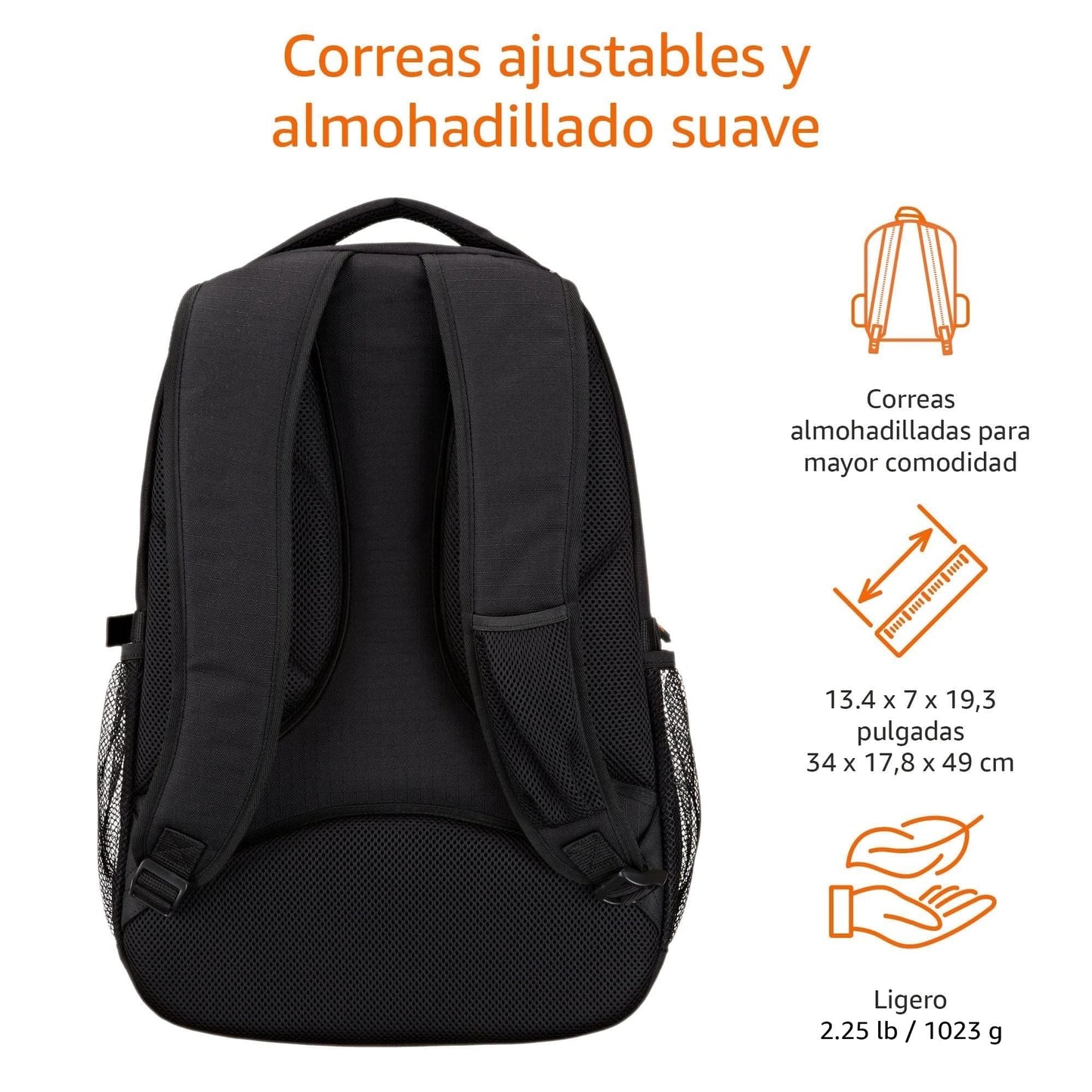 Amazon Basics Mochila, compatible con la mayoría de los ordenadores portátiles de 43.2cm, con tirantes acolchados y compartimentos de almacenamiento para bolígrafos, llaves y teléfono móvil, Negro
