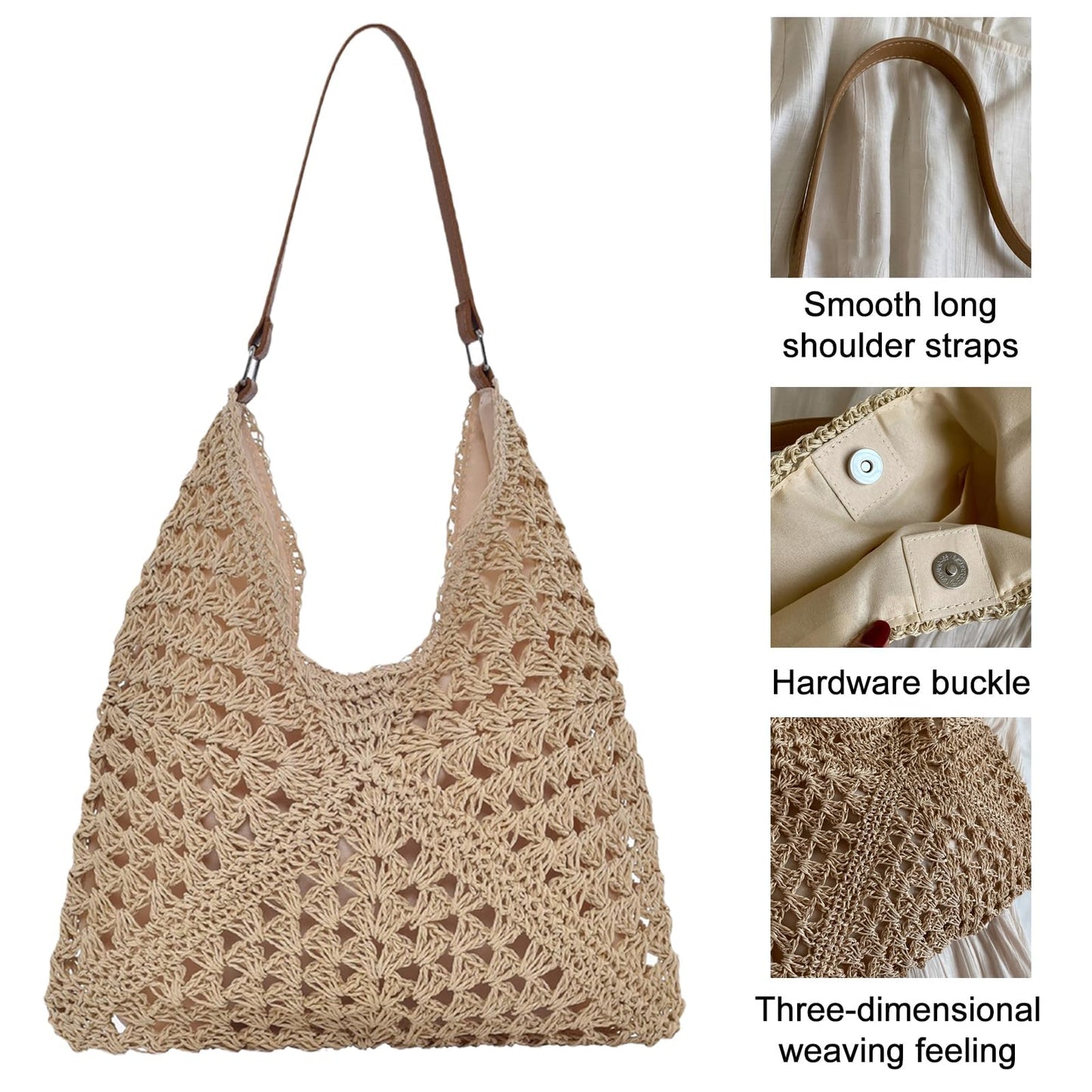 HTTDSLF Bolsos de Paja Mujer Verano, Elegante Bolso de Mano Bohemio, Práctico Bolso de Hombro Rafia para Mujer, Bolsos Tejidos Crochet, Tote Bag Para Viaje Fiesta Vacaciones