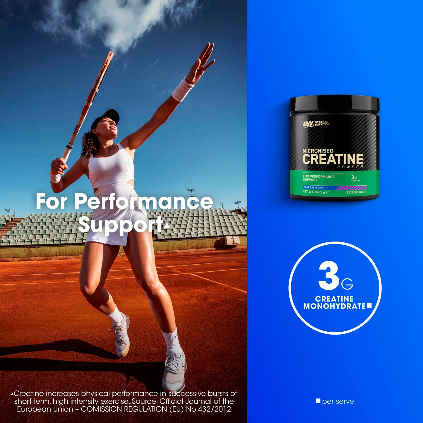 Optimum Nutrition Creatina Micronizada en Polvo, Sabor Frambuesa Azul, 247.5g, 55 Servicios
