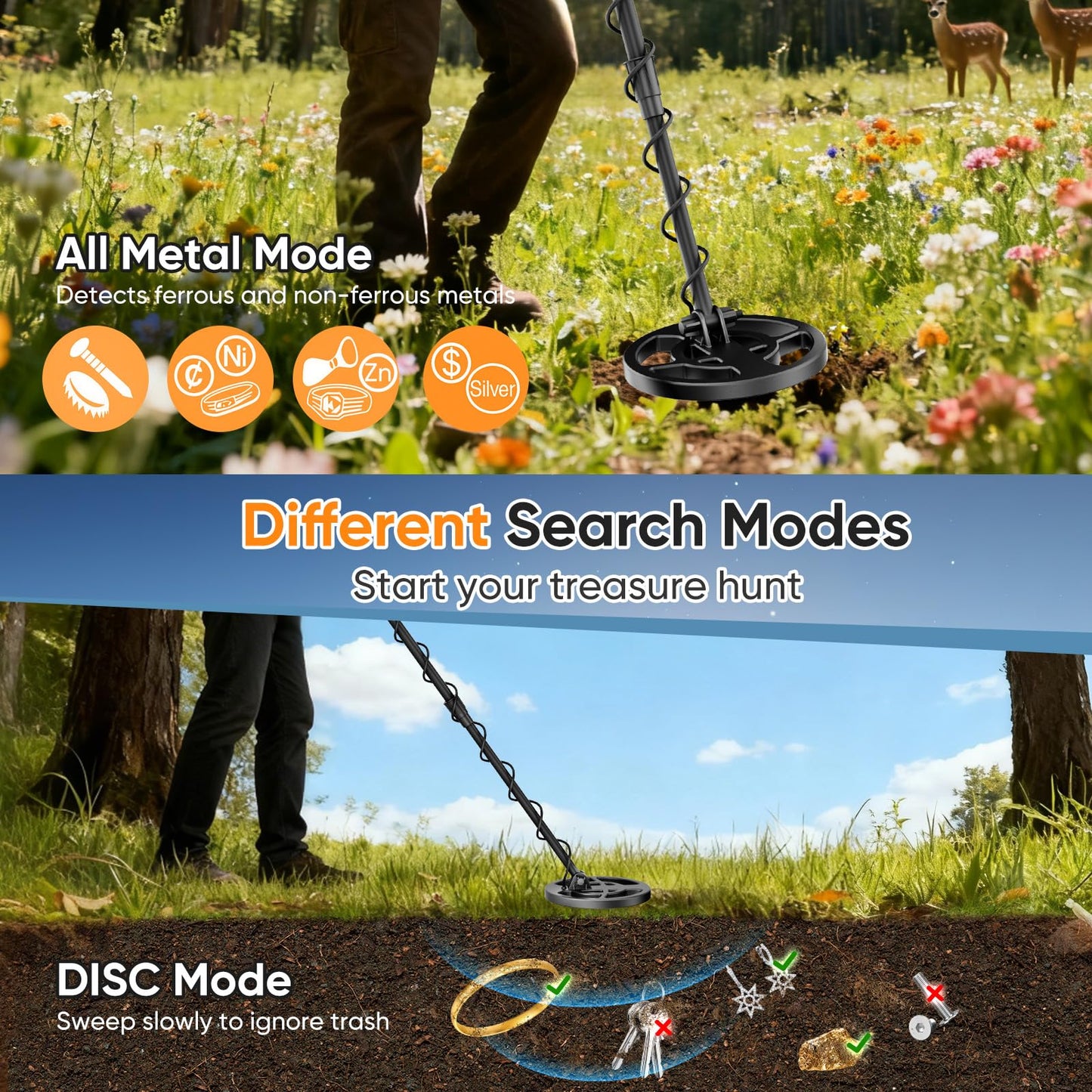 Detector de metales para adultos y niños, bobina impermeable IP68, detector de oro ajustable en altura 94-122cm, profundidad 18cm, diseño ligero para oro, monedas, búsqueda en playa(Azul-Negro (Juego)