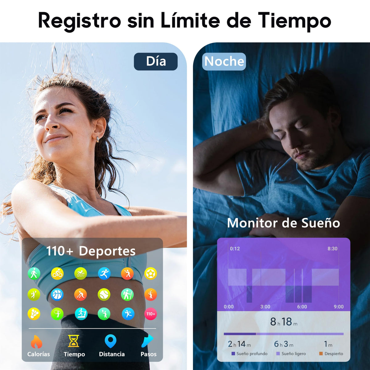 Popglory Smartwatch 110+ Deportes, Reloj Inteligente Mujer Hombre con Pulsómetro Podómetro Monitor de Presión Arterial Ritmo Cardíaco Sueño DIY Esfera, Pulsera Actividad para Android iOS