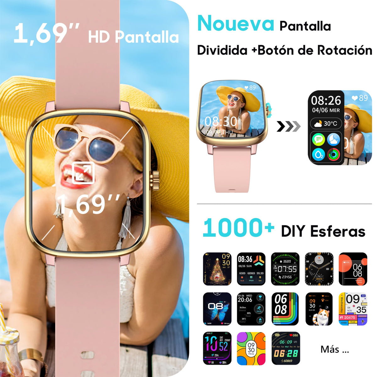 Popglory Smartwatch 110+ Deportes, Reloj Inteligente Mujer Hombre con Pulsómetro Podómetro Monitor de Presión Arterial Ritmo Cardíaco Sueño DIY Esfera, Pulsera Actividad para Android iOS