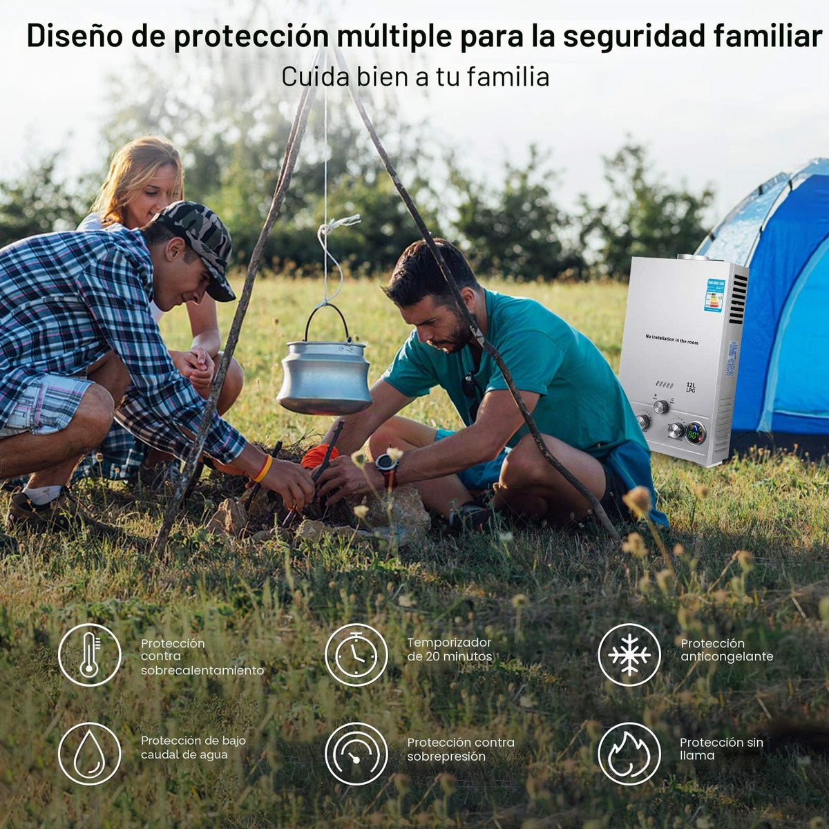 Calentador de Agua Instantáneo GLP 12L 24kW Portátil, Compatible Propano y Butano, Modos Verano e Invierno, Acabado Blanco, para Baño, Ducha Exterior y Camping