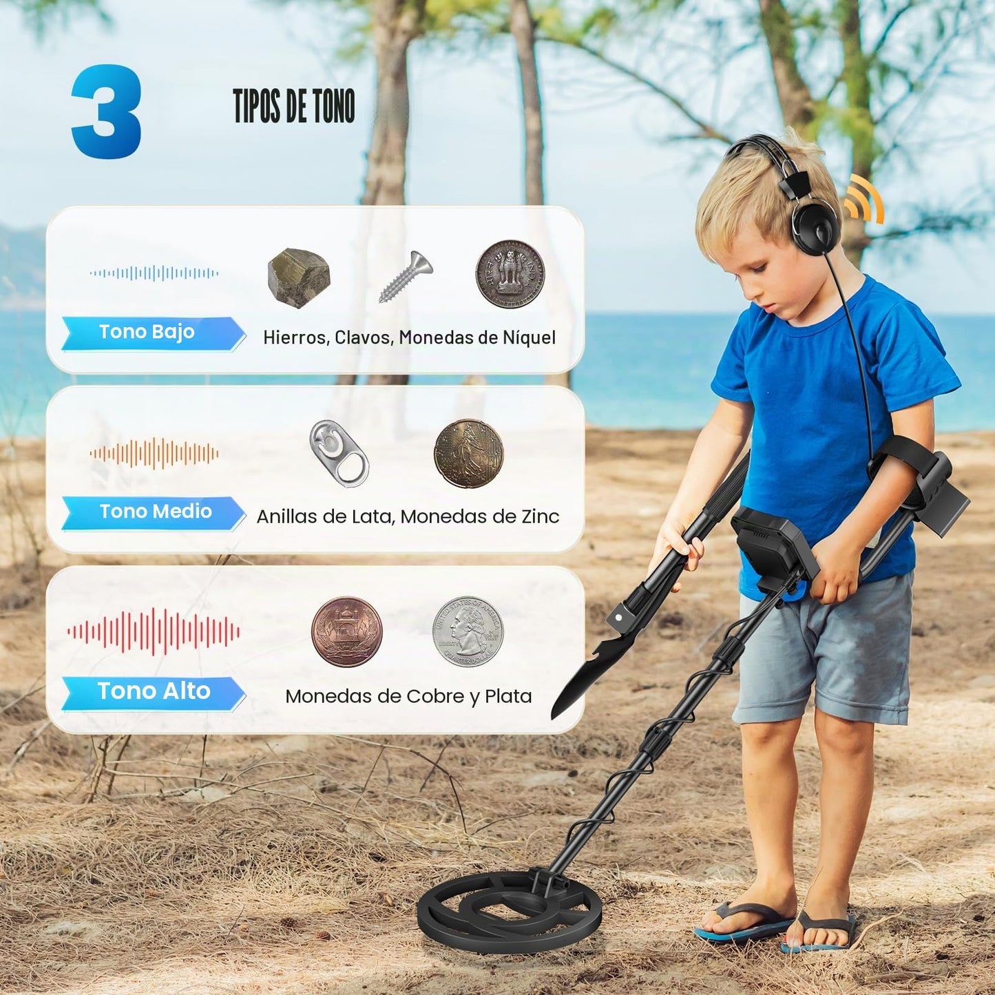Detector de Metales Profesional para Adultos y niños, Chip antiinterferencias, Resistente al Agua IP68, soporta batería y alimentación USB, 5 Modos de detección (Rojo)