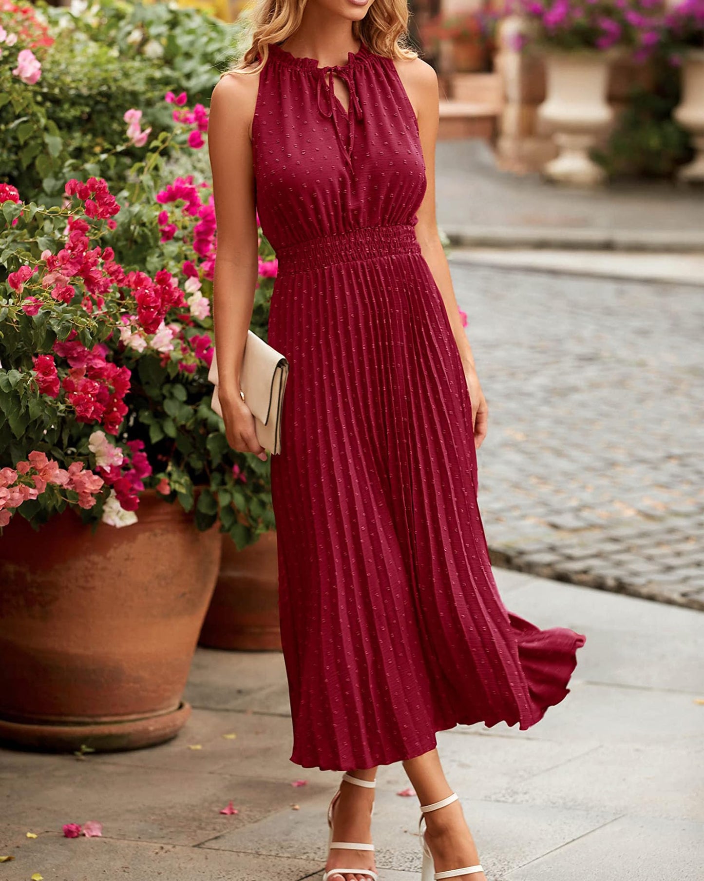 QUNERY Vestidos Verano Mujer Sin Mangas Vestido Largo Cuello en V Elegante Dress Volante de Lunares Suizos Elástica Cintura Alta Casual Rojo Oscuro M