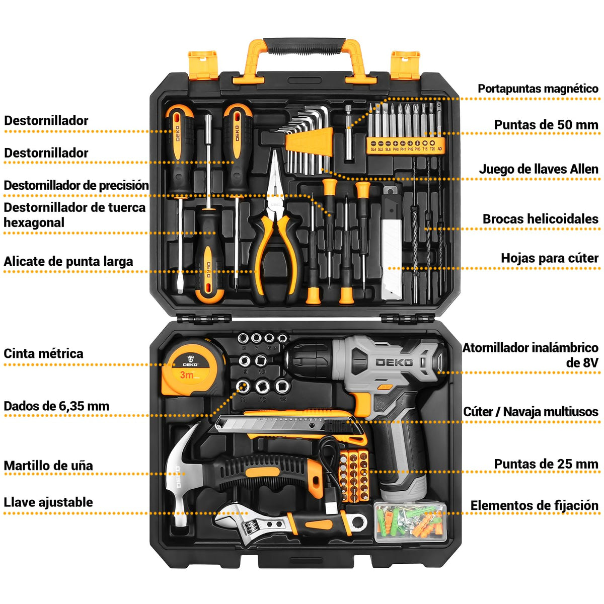 DEKO Caja Herramientas Completa con Destornillador Electrico/Taladro con bateria de 8V, Maletin de 126 Piezas, Caja profesional de herramientas Domésticas de Bricolaje para Oficinas y Jardín, Gris