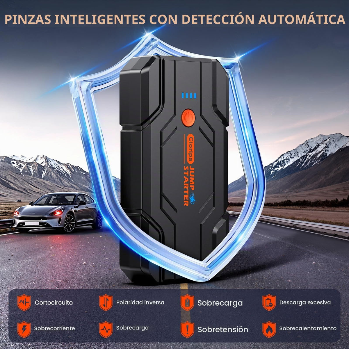 Cioripa Arrancador de Baterias de Coche 𝟏𝟒.𝟖𝐕- 𝟏𝟎𝟎𝟎𝟎𝐀 Jump Starter para Motor 9.0L Gas o 8.5L Diesel, Power Bank Portátil con Carga Rápida QC3.0, Linterna LED y Pinzas Inteligentes