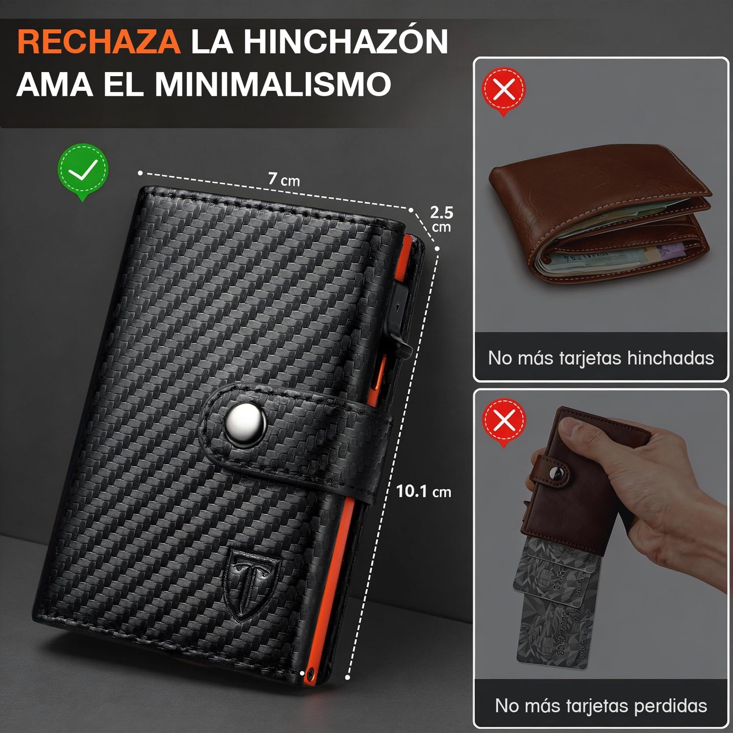 TENBST Carteras para Hombre | Tarjetero Cartera Hombre con Monedero & Bloqueo RFID | Tarjeteros para Tarjetas de Credito | Billeteras para Hombre | Regalo Hombre - Fibra de Carbon (Negro-Naranja)