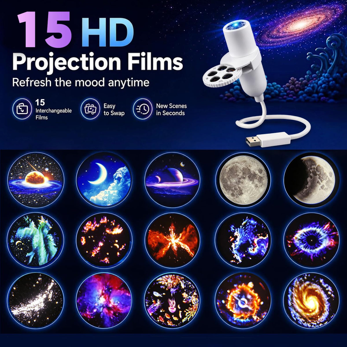 KQLHLHDYZ Proyector de luz nocturna, proyector de luz nocturna holográfica HD dinámico 5D, proyector de estrellas HD Plug and Play, proyector HD ajustable de 360° para techo de dormitorio
