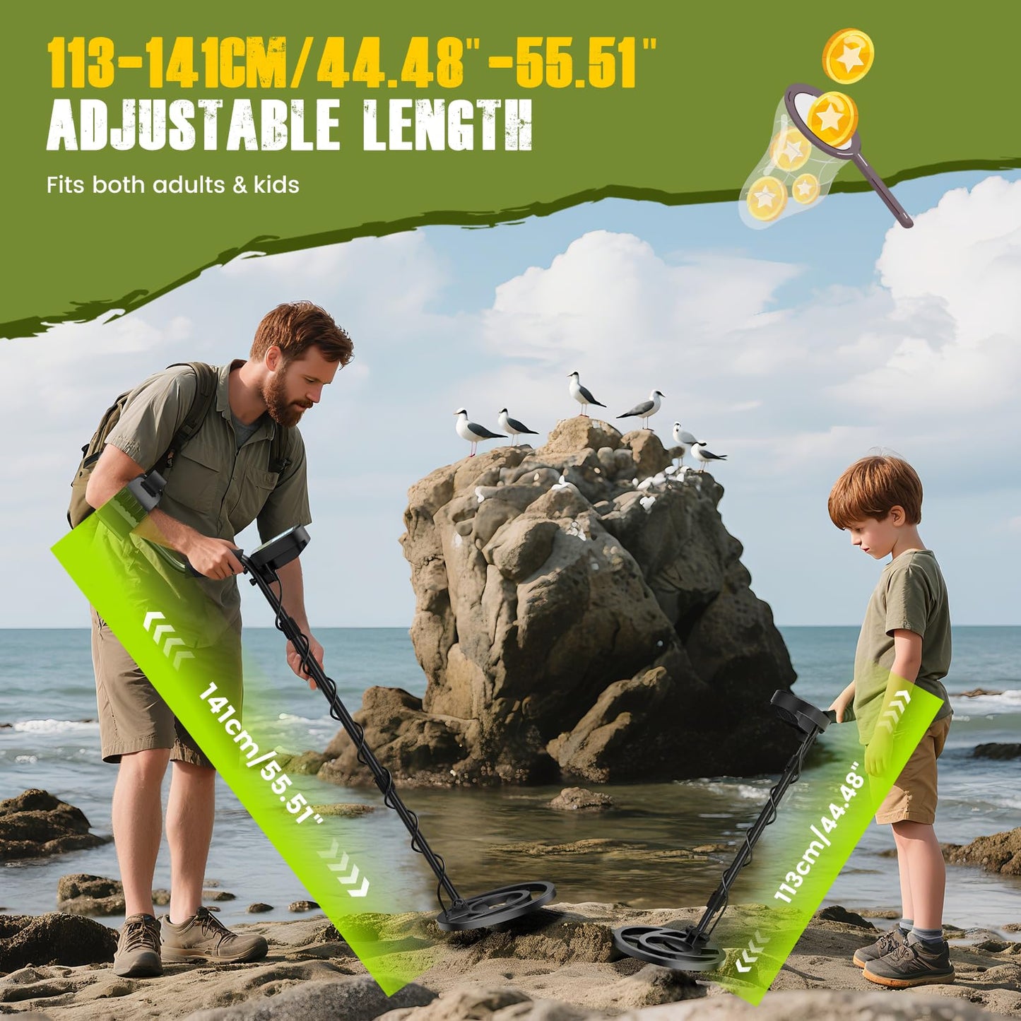 HIUYRFS Detector de Metales Profesional para Adultos y Niños, Longitud Ajustable (113-141 cm), Set de Detector de Metales con Bobina de Búsqueda Resistente al Agua IP68 (Verde)