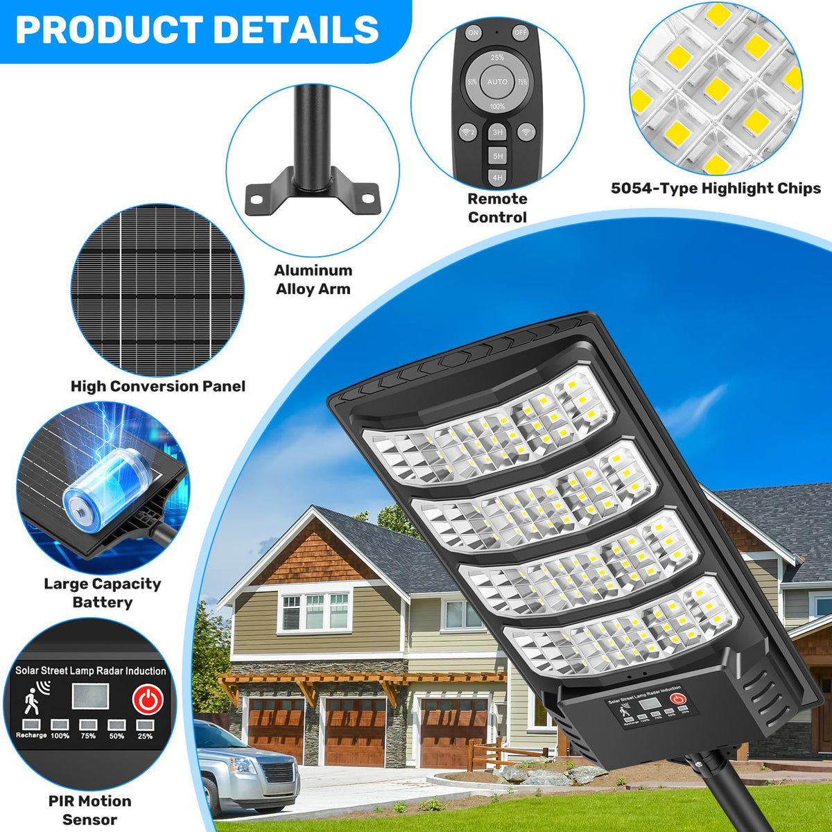 LEKIA Farolas Solar Exterior, 1000W Potente Focos LED Solares con Sensor de Movimiento y Mando a Distancia, 6500K Luz Solar IP66 Impermeable Luces Solares para Jardín Patio Aparcamiento, 2 Paquetes