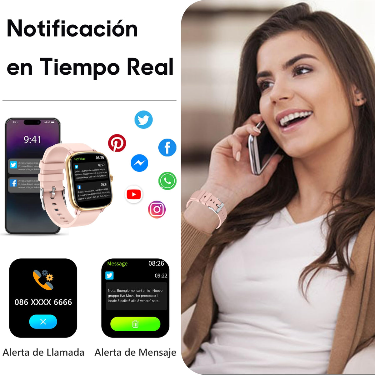 Popglory Smartwatch 110+ Deportes, Reloj Inteligente Mujer Hombre con Pulsómetro Podómetro Monitor de Presión Arterial Ritmo Cardíaco Sueño DIY Esfera, Pulsera Actividad para Android iOS