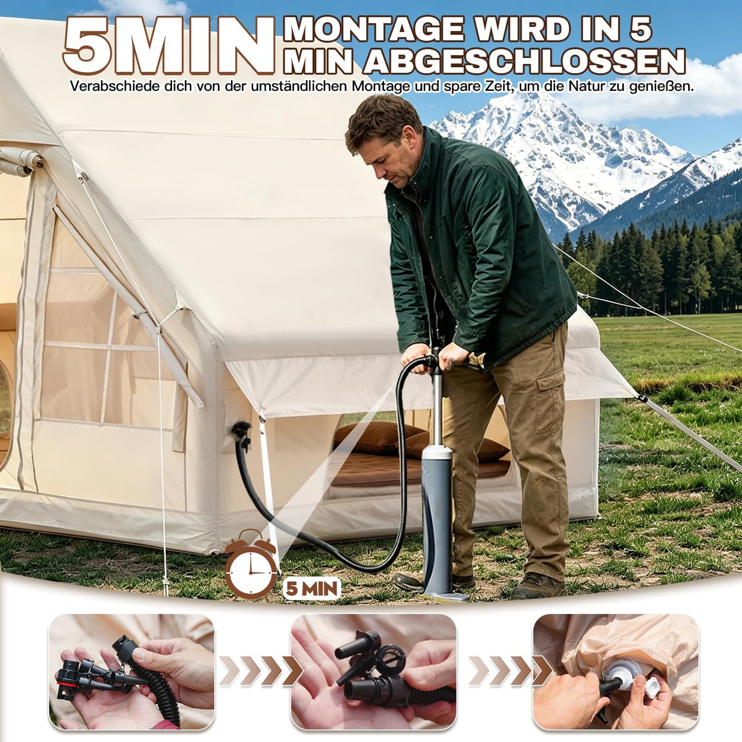 Tienda de campaña Inflable con Apertura de Chimenea y tragaluz, Tienda de campaña para 2-8 Personas con Bomba de Aire, Tienda Inflable de Tela Oxford Impermeable para 4 Estaciones, Montaje rápido