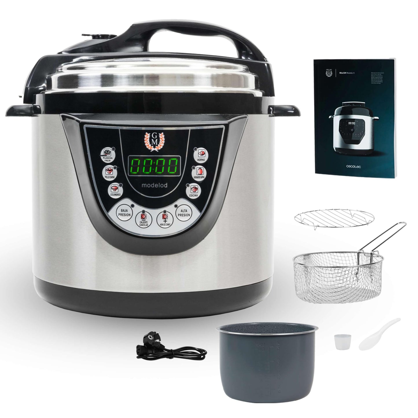 Cecotec Olla Eléctrica a Presión Programable 6L GM Olla GM D+. 1000W, 12 Personas, Programable 24h, 9 Menús, 2 Presiones 60KPa, Memoria, GM Core, Función Freir, Guiado Voz, Seguridad, Cubeta Daikin