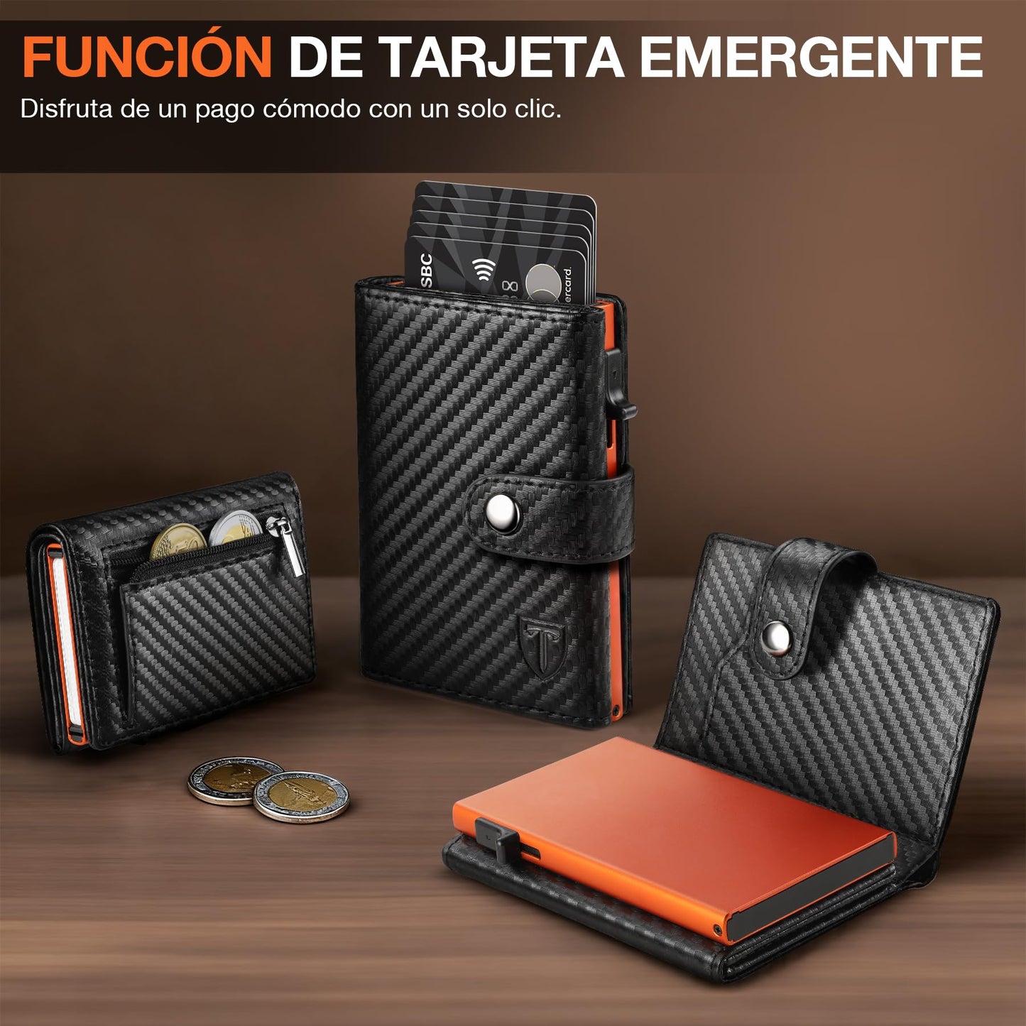 TENBST Carteras para Hombre | Tarjetero Cartera Hombre con Monedero & Bloqueo RFID | Tarjeteros para Tarjetas de Credito | Billeteras para Hombre | Regalo Hombre - Fibra de Carbon (Negro-Naranja)
