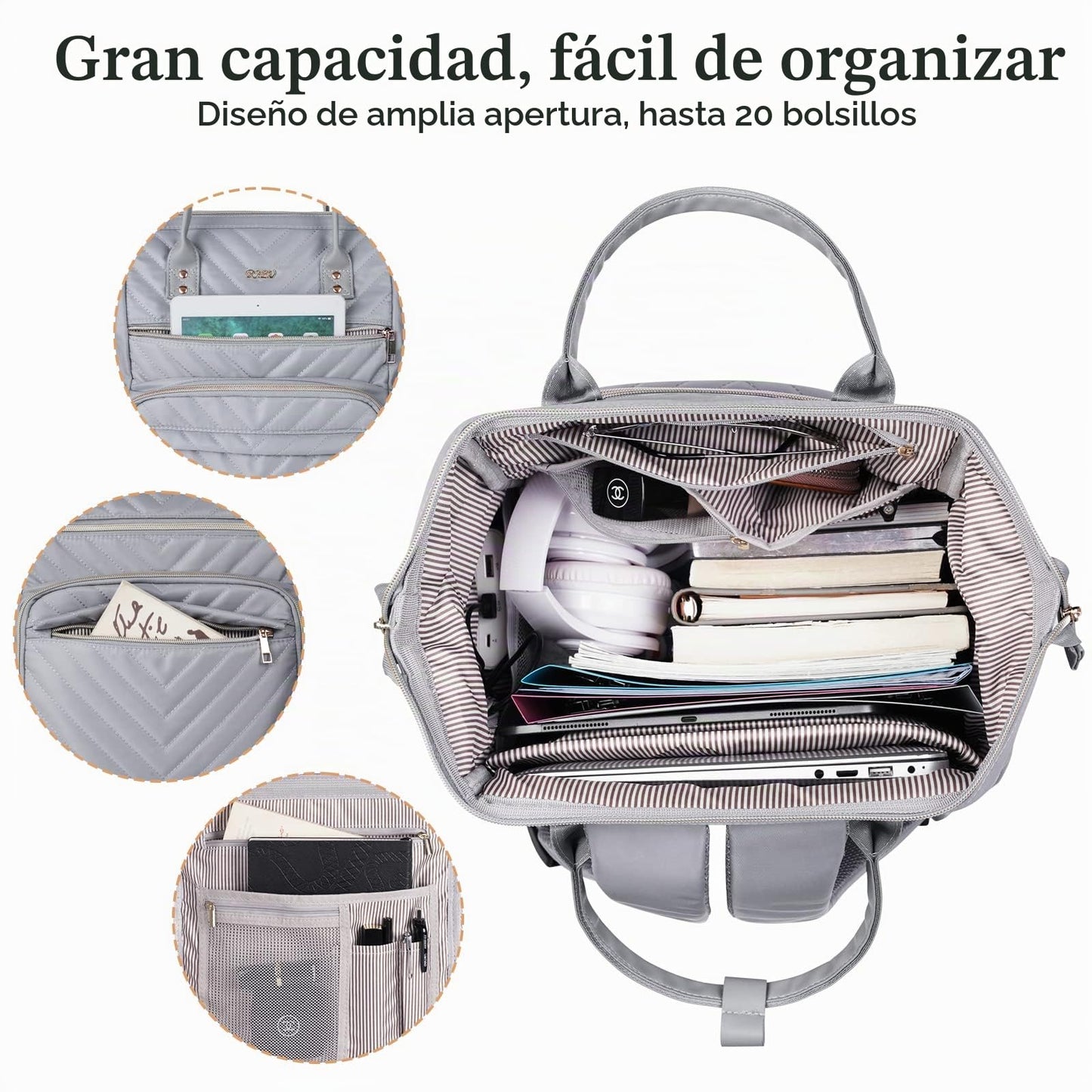 RJEU Mochila Viaje Mujer,Impermeable Mochila Ordenador Portatil para Profesora,Enfermera Trabajo,Mochila Escolar para Adolescentes,Regalos para Mujeres,Gris