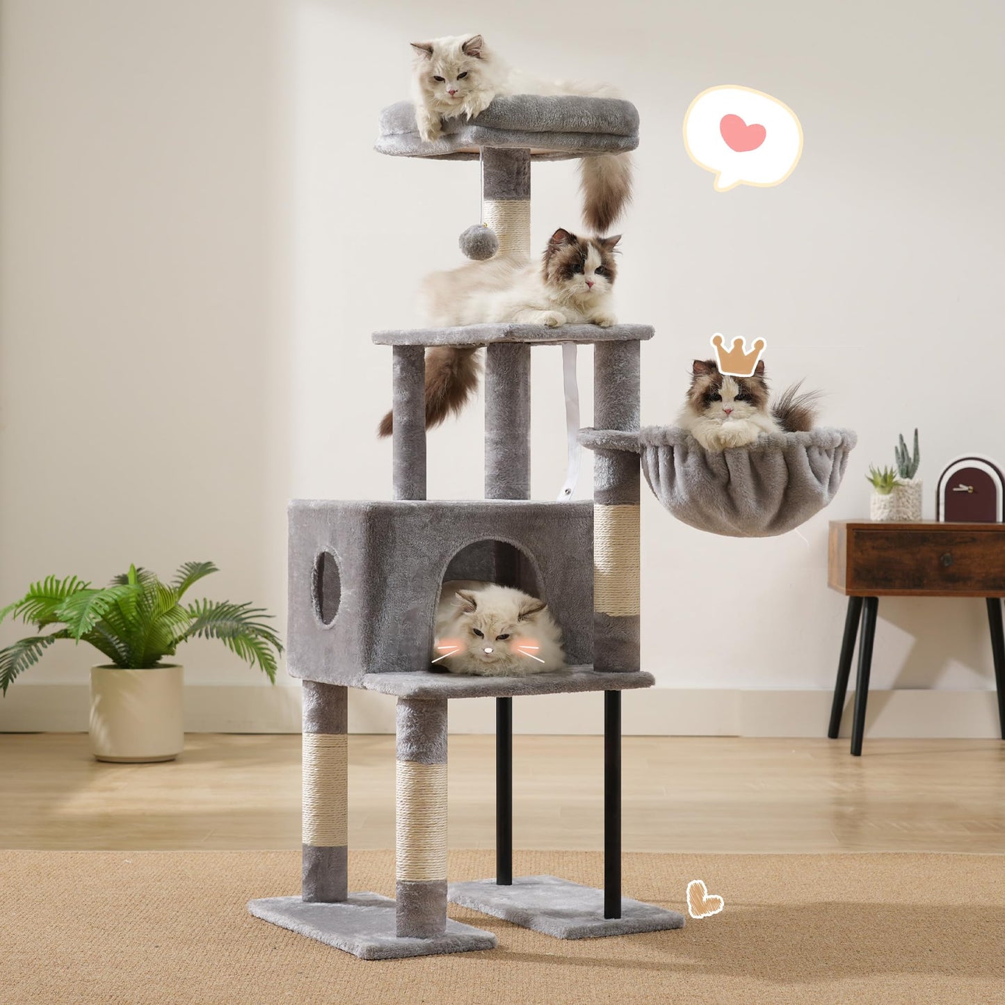 Heybly Rascador para Gatos, Árbol para Gatos De 125 Cm, Torre De Gato Espaciosa Y Cómoda con Guarida, Dos Grandes Plataformas, Cesta, Robustos Tubos De Acero, Gris Claro HCT200SW-
