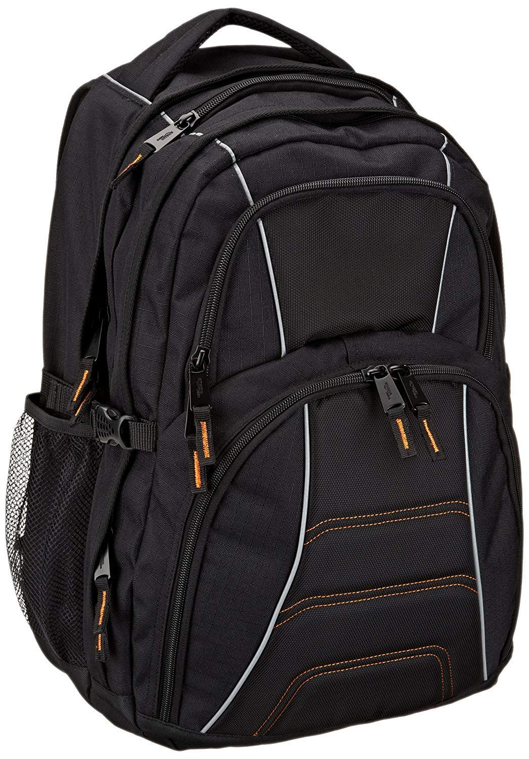 Amazon Basics Mochila, compatible con la mayoría de los ordenadores portátiles de 43.2cm, con tirantes acolchados y compartimentos de almacenamiento para bolígrafos, llaves y teléfono móvil, Negro