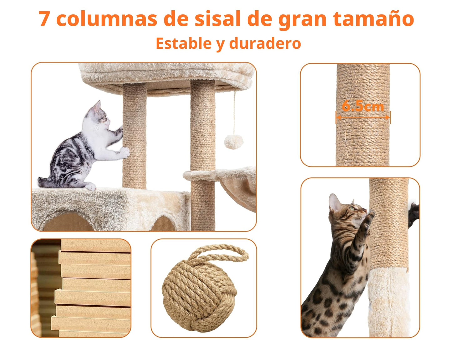 HOMIDEC Árbol Rascador para Gatos, 145cm, Torre de Escalada Estable con Varios Niveles, Actividades para Gatos con 7 Postes de sisal, 5 Plataformas, 2 nidos