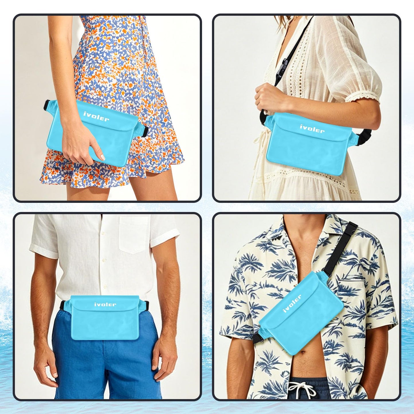 ivoler Set de Bolsa Impermeable con Riñonera de Cintura y Funda Móvil para Playa Natación Canotaje Pesca, Protección para Teléfono Móvil, Cámara, Documento, Pasaporte (Azul menta)