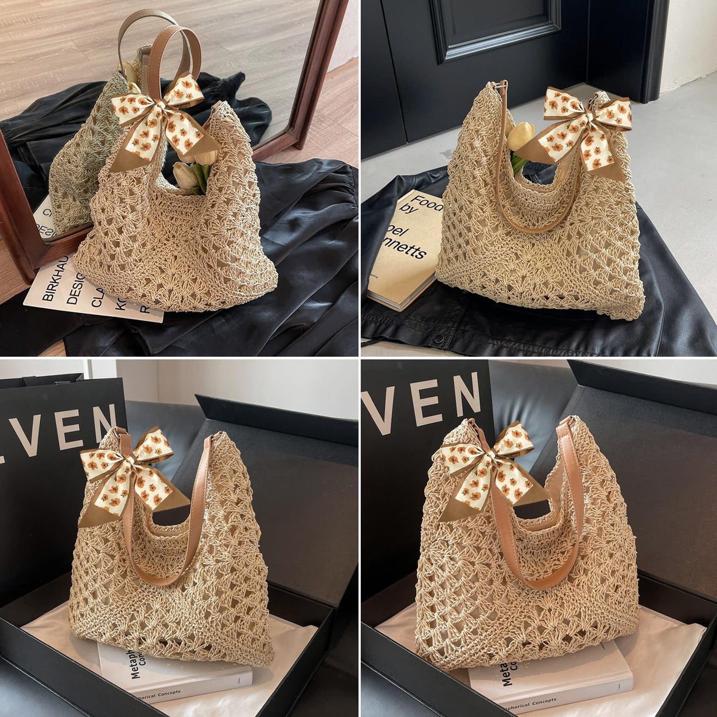 HTTDSLF Bolsos de Paja Mujer Verano, Elegante Bolso de Mano Bohemio, Práctico Bolso de Hombro Rafia para Mujer, Bolsos Tejidos Crochet, Tote Bag Para Viaje Fiesta Vacaciones