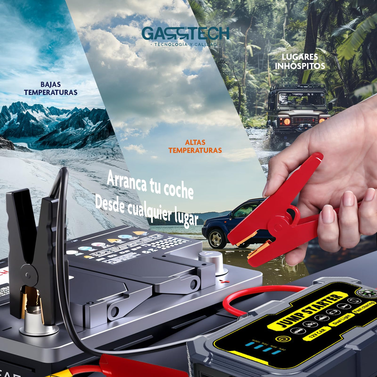 GARRTECH® SUPER Arrancador De Baterias De Coche 10.000A ULTRA RÁPIDO | Arrancador De Coches 12V Para Motor 10L Gas o 9.0L Diésel | Arrancador De Coches Portatil con pinzas | Linterna Led De Emergencia