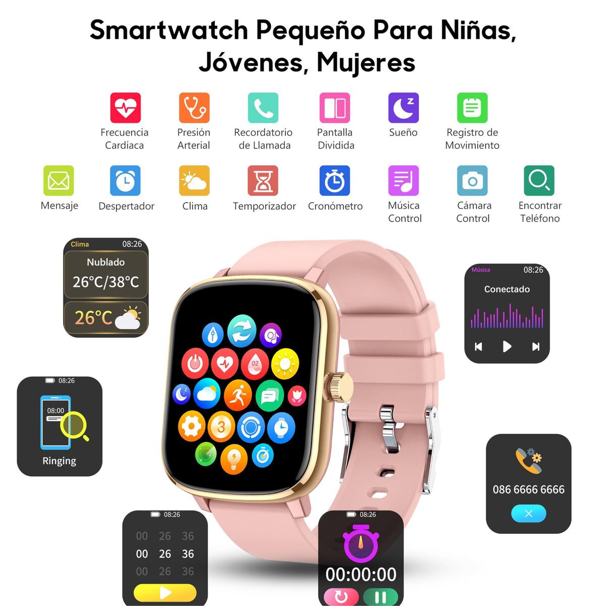 Popglory Smartwatch 110+ Deportes, Reloj Inteligente Mujer Hombre con Pulsómetro Podómetro Monitor de Presión Arterial Ritmo Cardíaco Sueño DIY Esfera, Pulsera Actividad para Android iOS