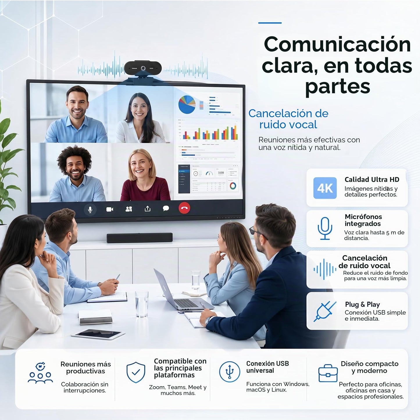 Webcam Full HD 1080P 30FPS,Anti-Ruido Soporte Giratorio 360° Ajustable