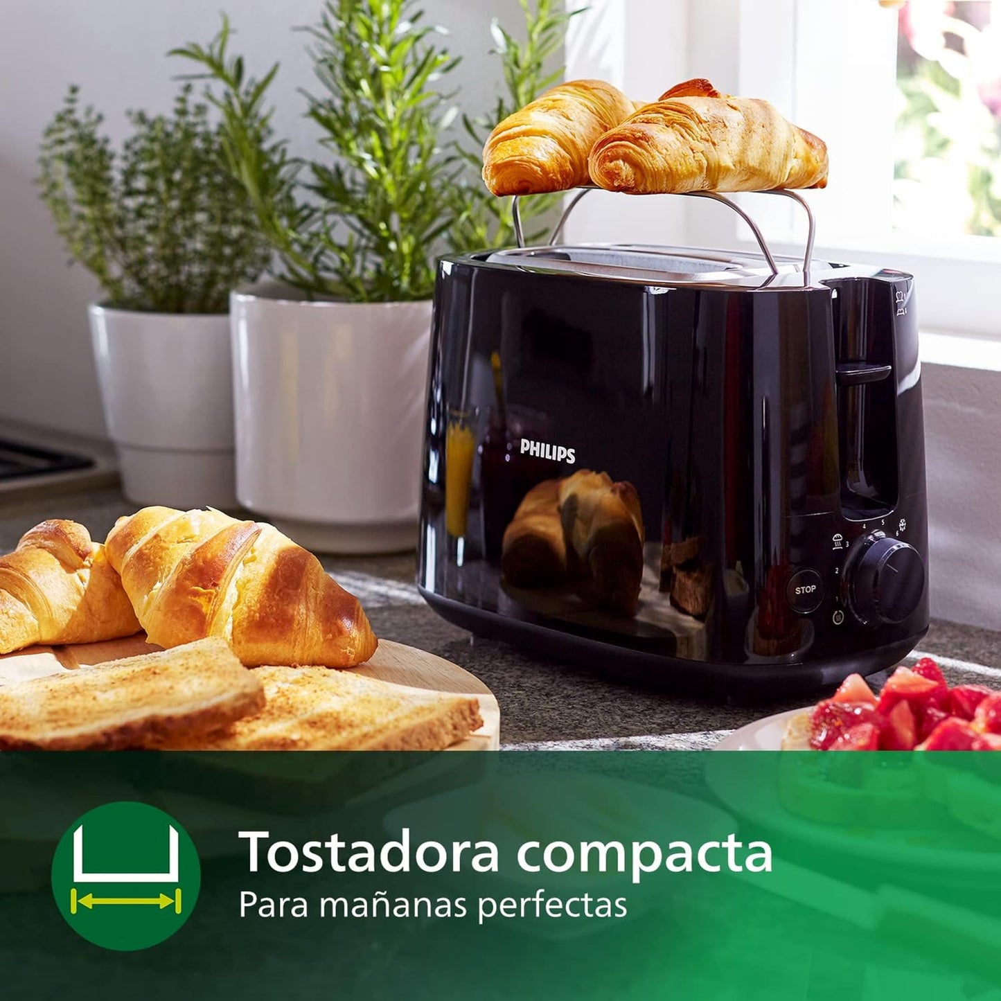 Philips Tostadora de pan 2 Ranuras, 8 Ajustes, Calientabollos, Negro