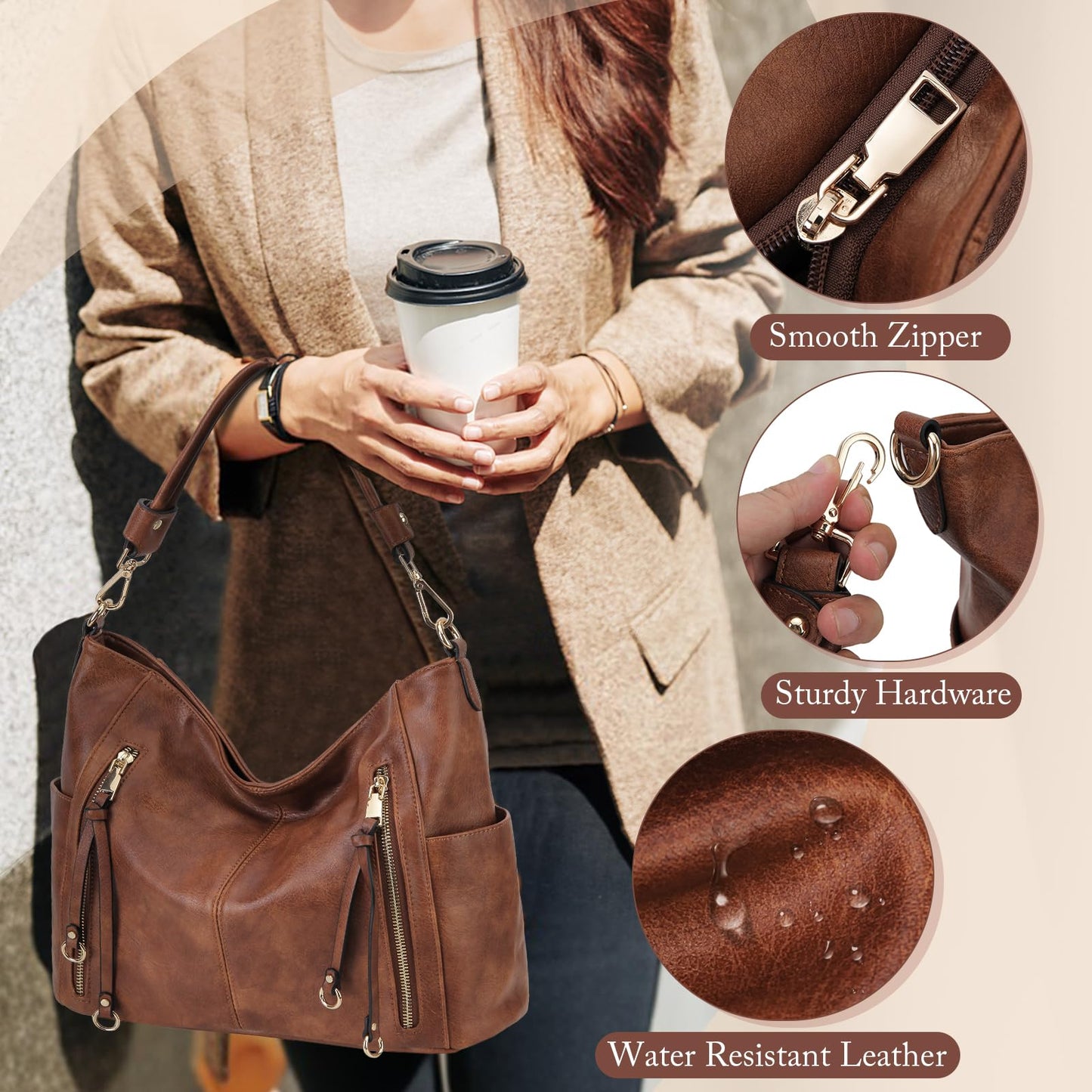 Chase Chic Bolsos de Mujer Hobo, Bolsos Bandolera Bolsos Tote Bolsos de hombro Grande PU Cuero Monedero Carteras 2pcs Set Marrón