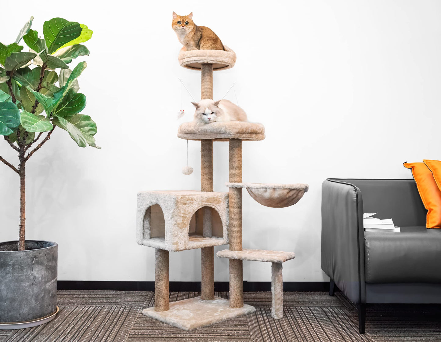 HOMIDEC Árbol Rascador para Gatos, 145cm, Torre de Escalada Estable con Varios Niveles, Actividades para Gatos con 7 Postes de sisal, 5 Plataformas, 2 nidos