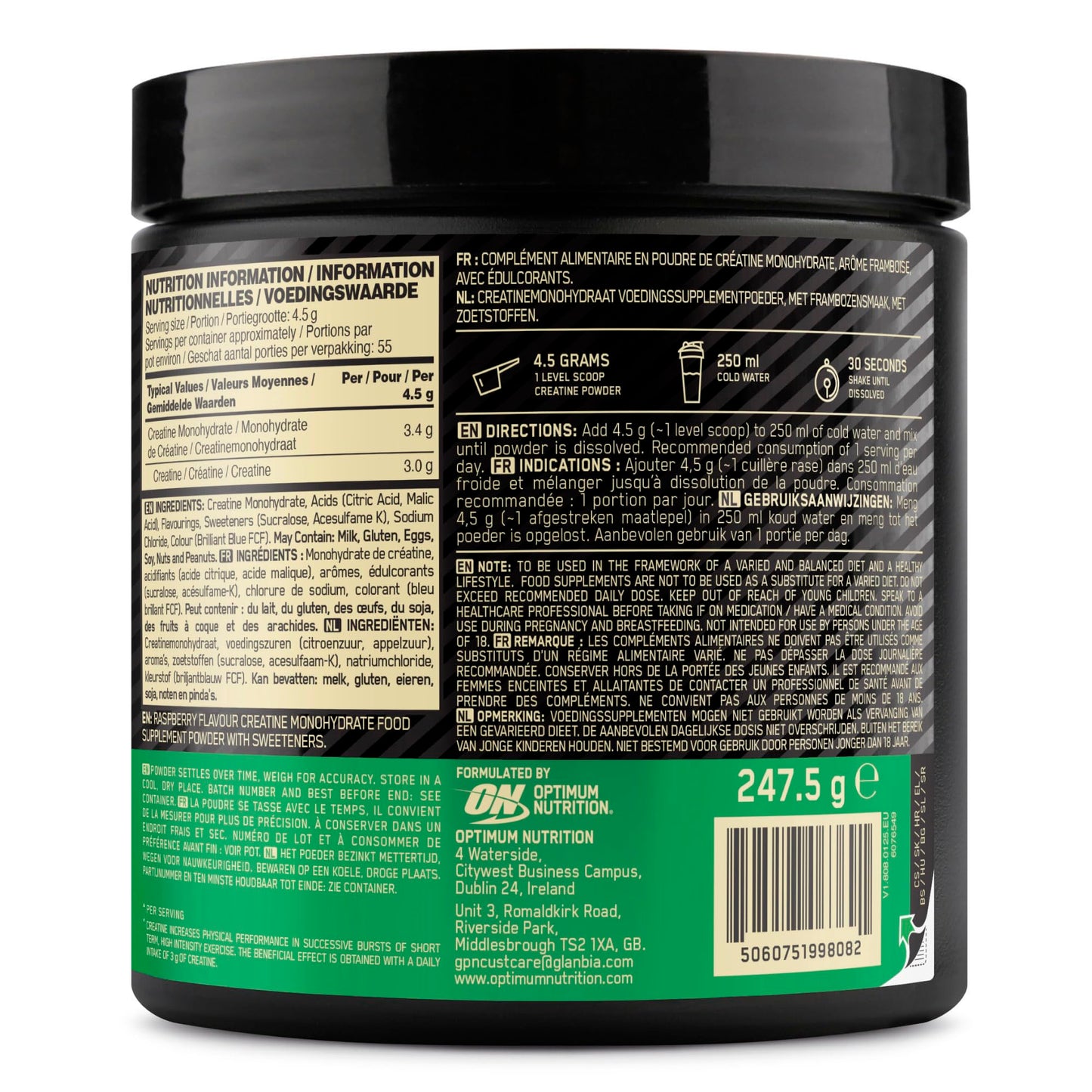 Optimum Nutrition Creatina Micronizada en Polvo, Sabor Frambuesa Azul, 247.5g, 55 Servicios