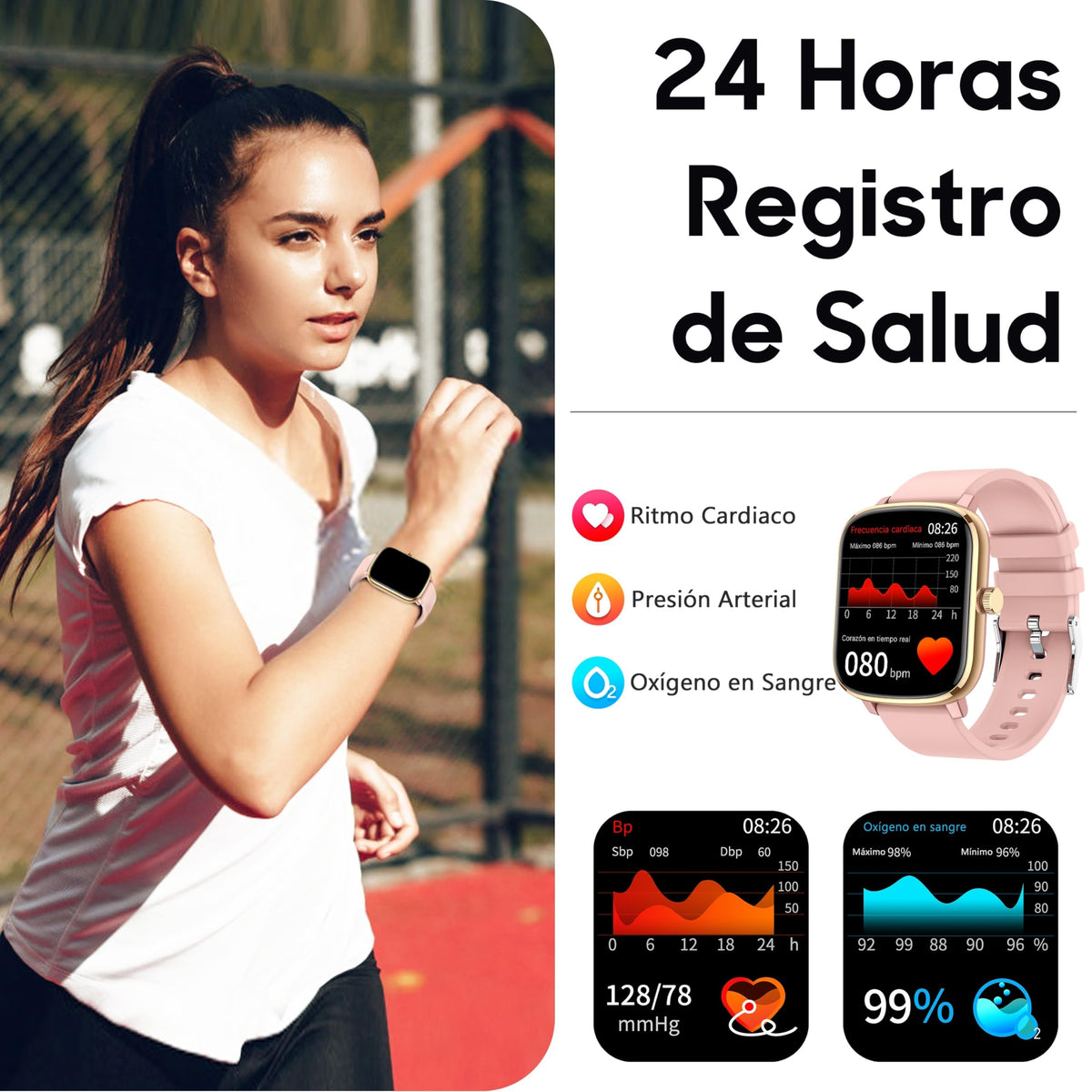 Popglory Smartwatch 110+ Deportes, Reloj Inteligente Mujer Hombre con Pulsómetro Podómetro Monitor de Presión Arterial Ritmo Cardíaco Sueño DIY Esfera, Pulsera Actividad para Android iOS