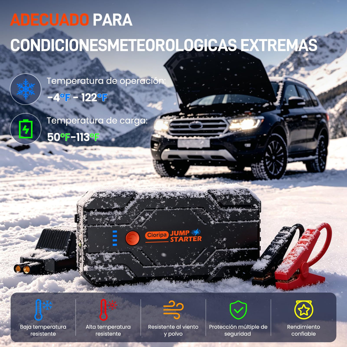 Cioripa Arrancador de Baterias de Coche 𝟏𝟒.𝟖𝐕- 𝟏𝟎𝟎𝟎𝟎𝐀 Jump Starter para Motor 9.0L Gas o 8.5L Diesel, Power Bank Portátil con Carga Rápida QC3.0, Linterna LED y Pinzas Inteligentes