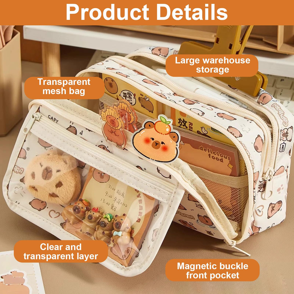 Capybara - Estuche Multicapa de Gran Capacidad con Llavero de muñeca Capybara, broches, Pegatinas, 2 en 1, Estuche extraíble con Cremallera