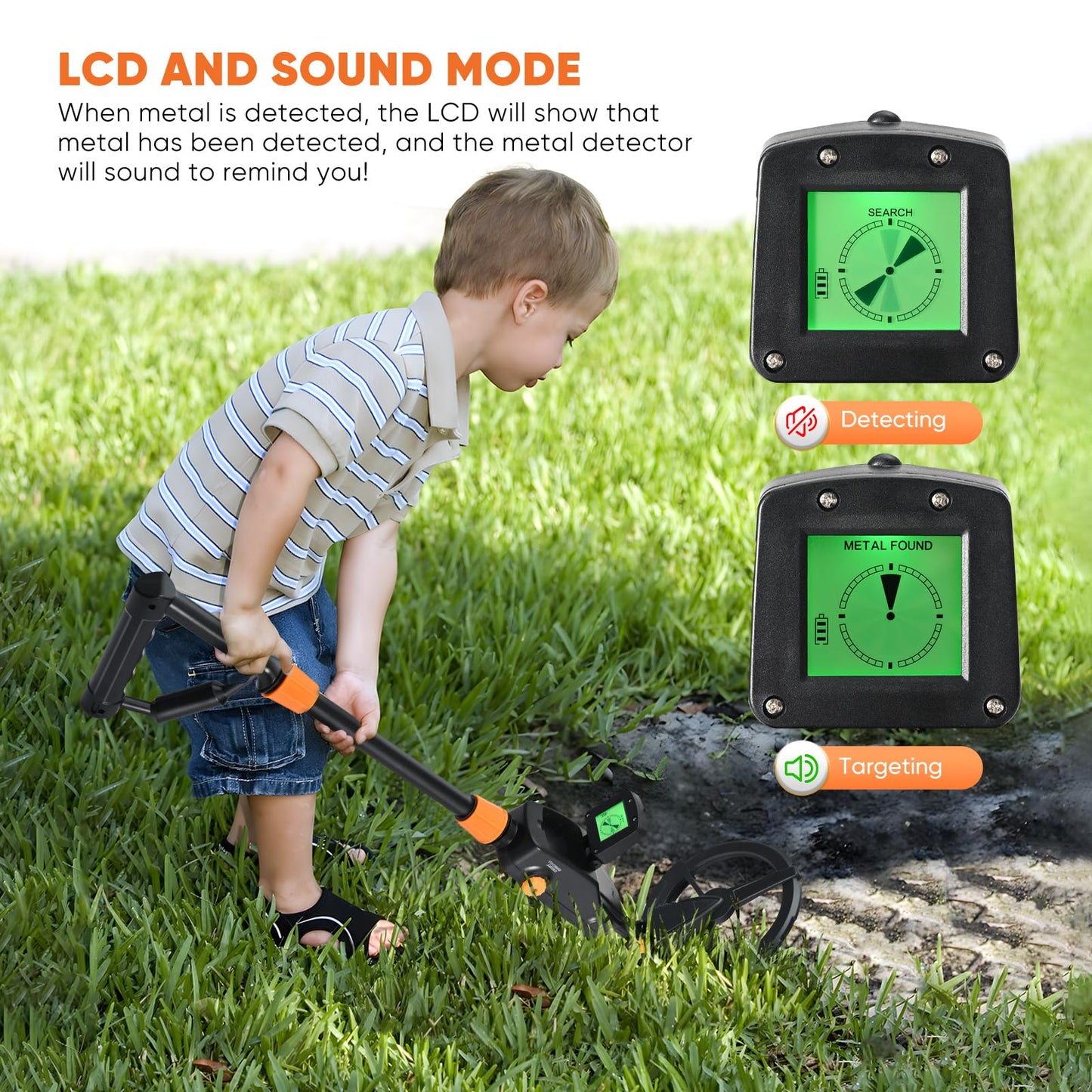 Detector de Metales Niños, IP68 Detectores de Metales Livianos con Pantalla LCD e Indicación de Sonido, Equipado con Bobina de Búsqueda Impermeable para Niños o Principiantes para Buscar Tesoros