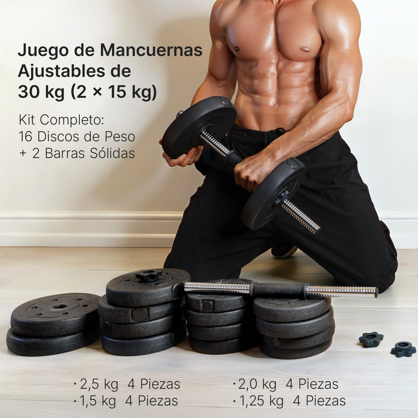 Yaheetech Mancuernas Ajustables 2x15 kg Pesos Fitness Entrenamiento con Barras de Acero y Discos Juego de Pesas Musculacion con Cerraduras de Estrella