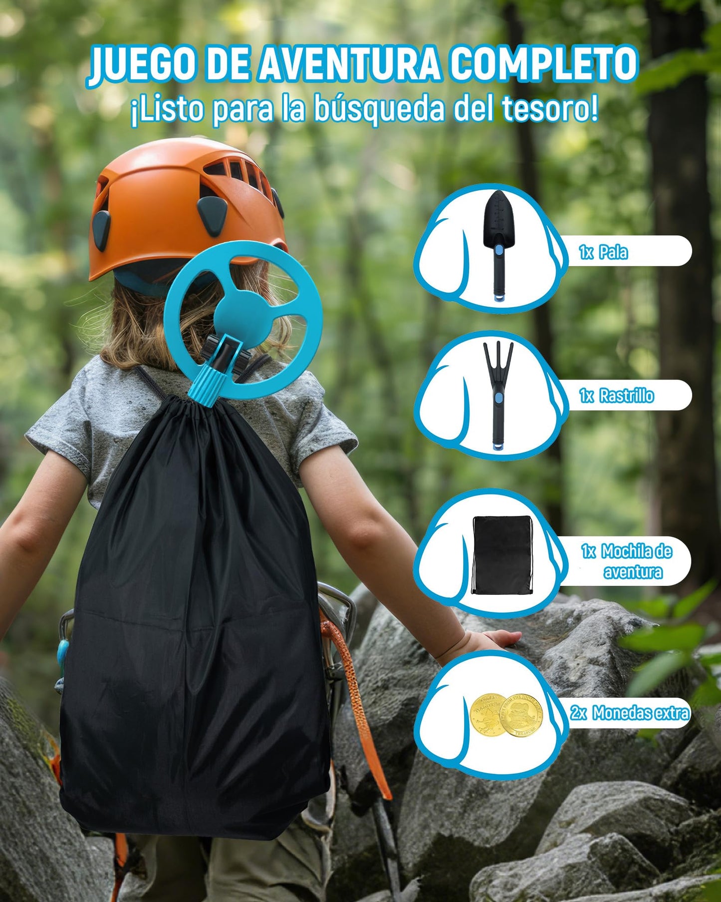 KAIWEETS Détecteur de Métaux 2025 Bleu, Écran LCD Couleur Animé, Tige Légère et Réglable, Kit de Chasse au Trésor Complet avec Sac à Dos, Pelle, Râteau & Pièces Bonus – Cadeau Parfait pour Noël, Anniv