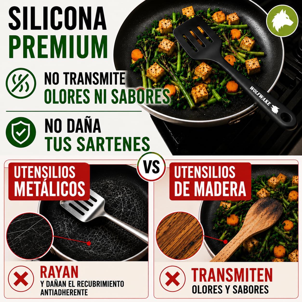 WOLFWAKE 13 Piezas Utensilios de Cocina de Silicona - Menaje de Cocina, Paletas de Cocina, Cucharones de Cocina, Pinzas de Cocina, Bote Utensilios Cocina, Resistentes al Calor y Antiadherente (Negro)
