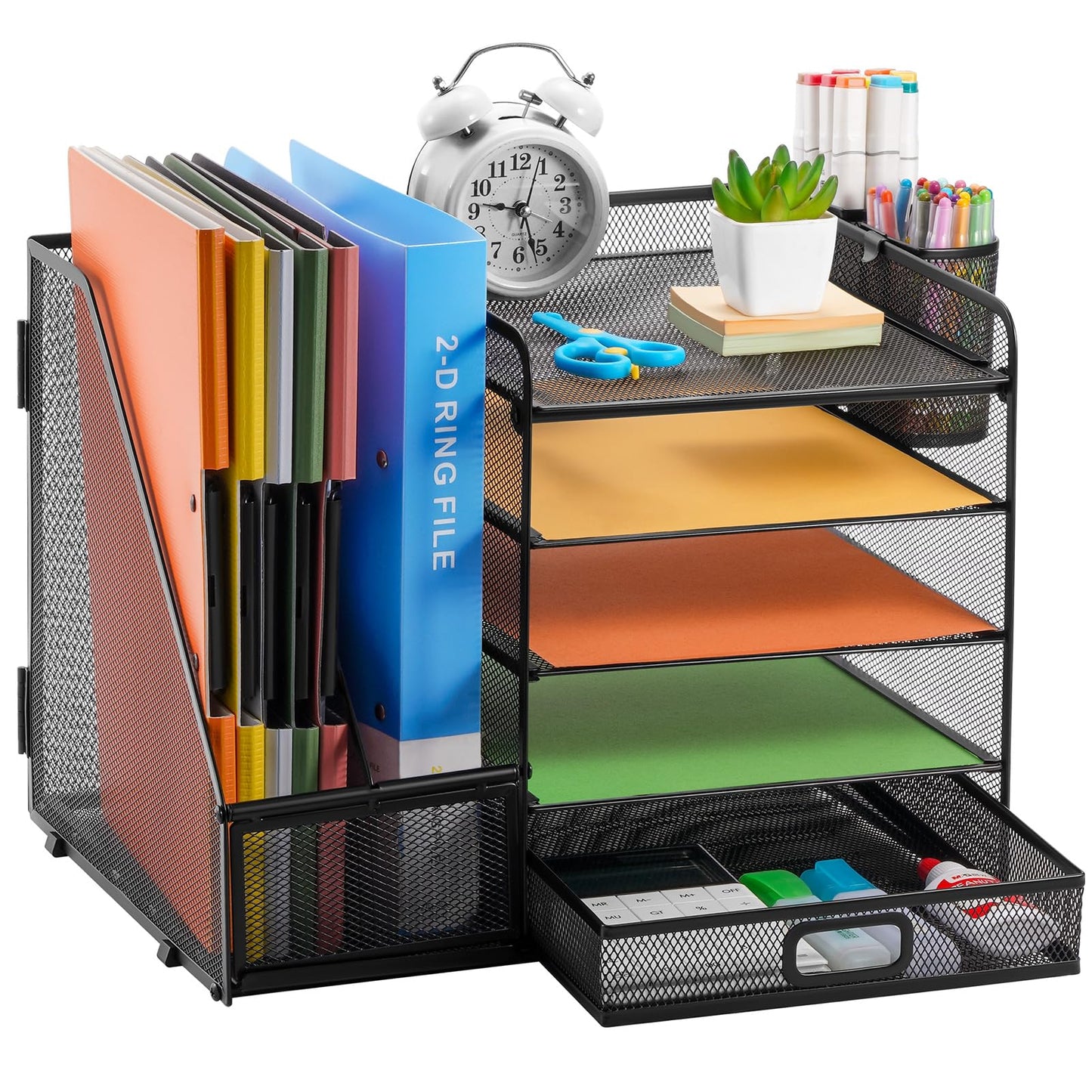 Marbrasse Organizador Escritorio,5 Niveles Bandeja para Cartas con Cajón y 2 Portalápices,Escritorio Organizador con Revistero para Oficina Hogar (Negro con Cajon)