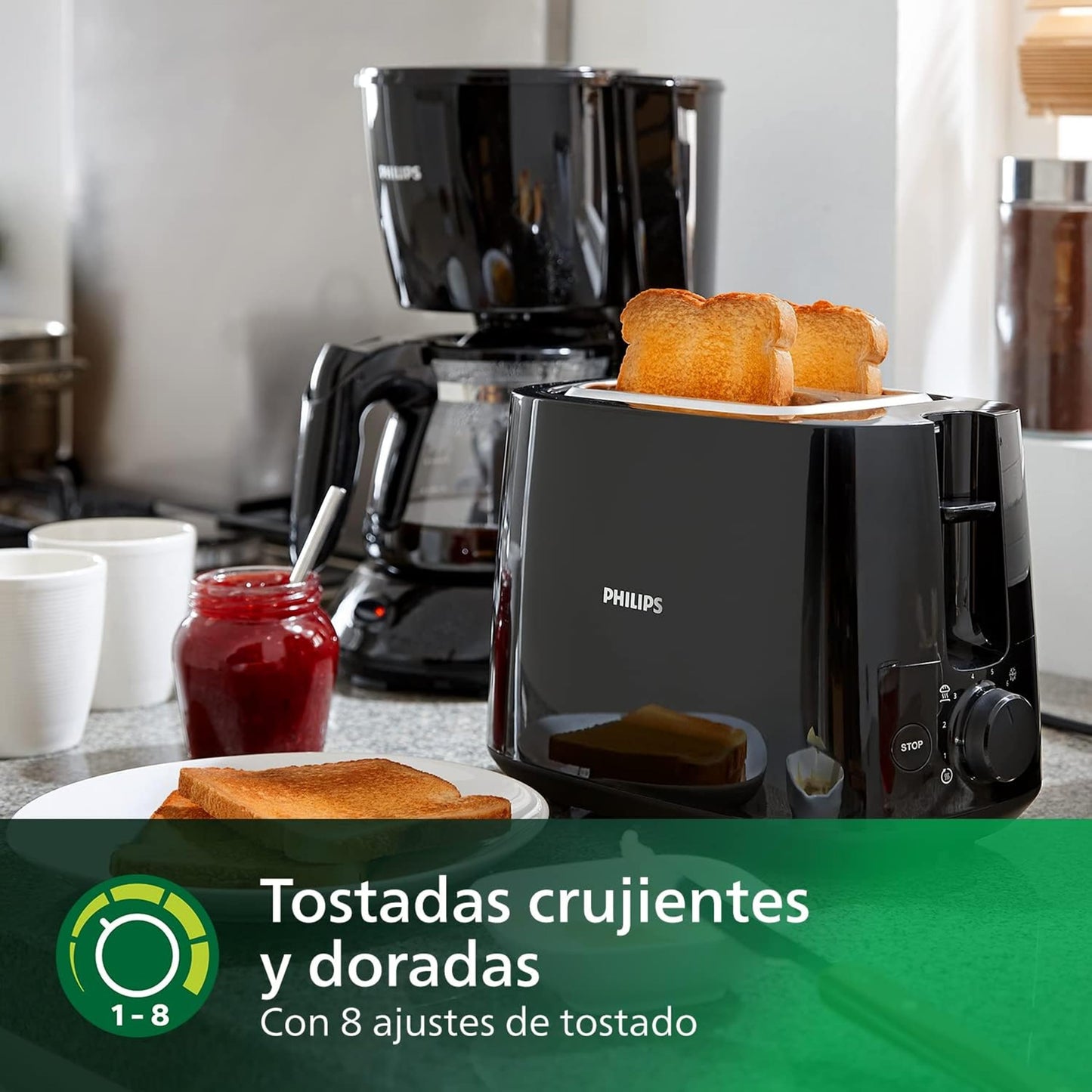 Philips Tostadora de pan 2 Ranuras, 8 Ajustes, Calientabollos, Negro