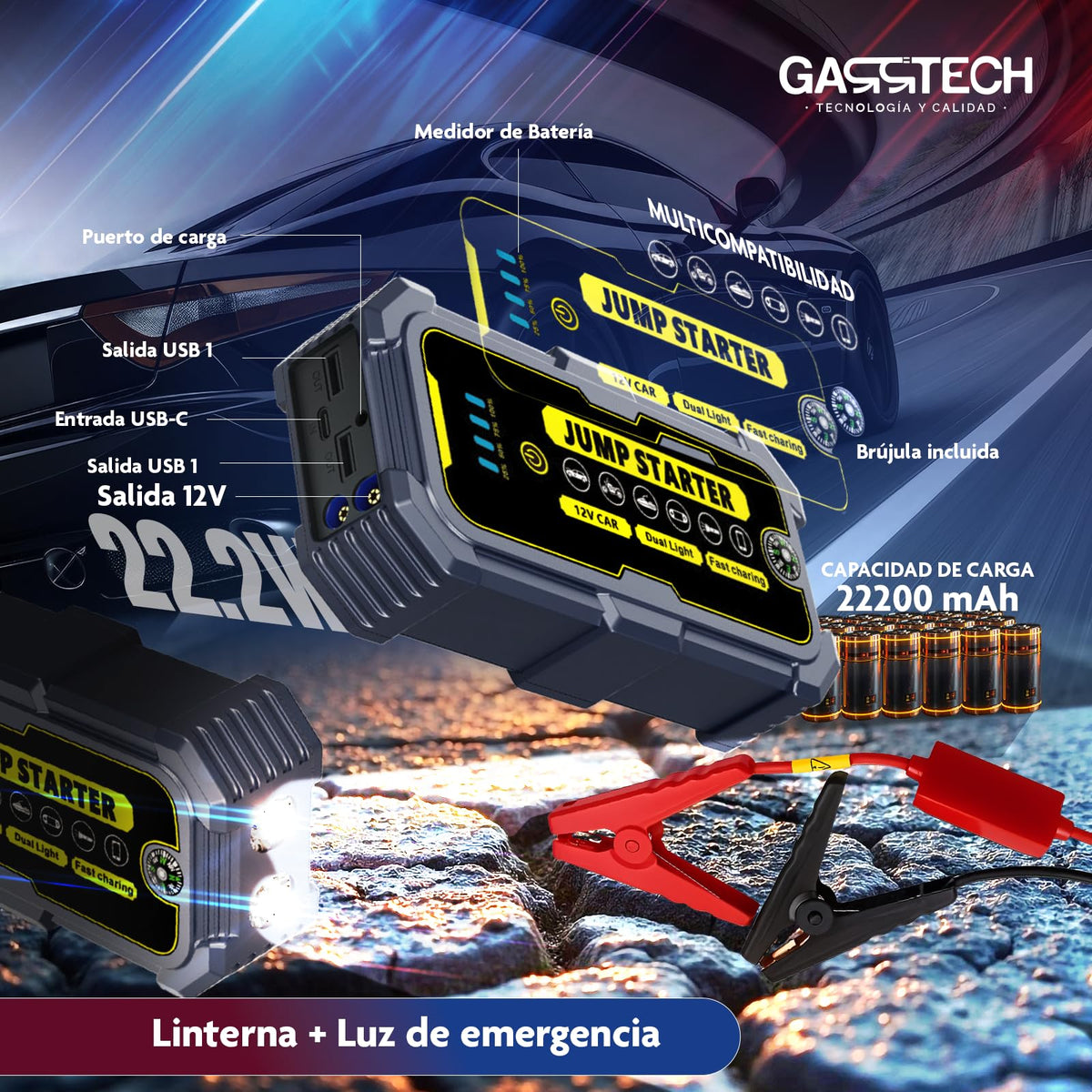 GARRTECH® SUPER Arrancador De Baterias De Coche 10.000A ULTRA RÁPIDO | Arrancador De Coches 12V Para Motor 10L Gas o 9.0L Diésel | Arrancador De Coches Portatil con pinzas | Linterna Led De Emergencia