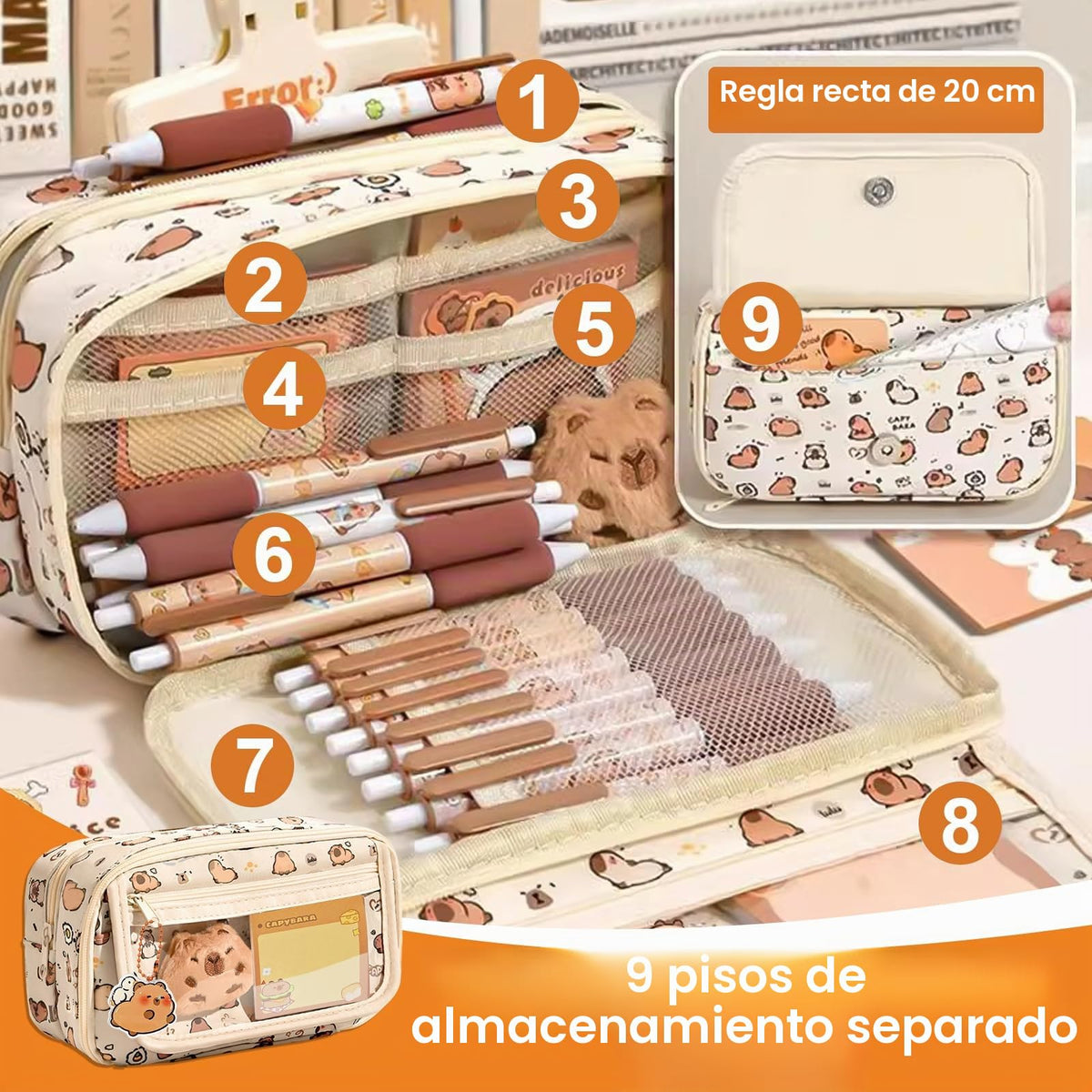 Capybara - Estuche Multicapa de Gran Capacidad con Llavero de muñeca Capybara, broches, Pegatinas, 2 en 1, Estuche extraíble con Cremallera