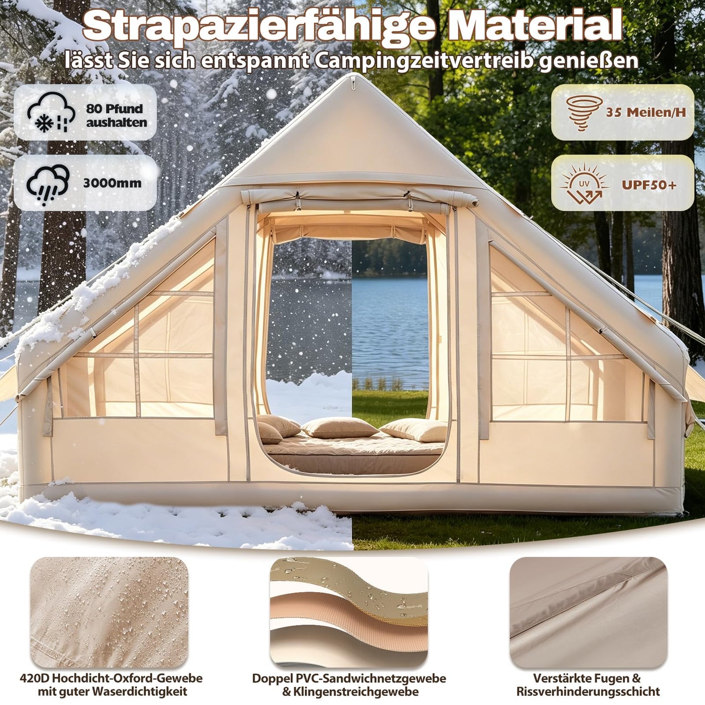 Tienda de campaña Inflable con Apertura de Chimenea y tragaluz, Tienda de campaña para 2-8 Personas con Bomba de Aire, Tienda Inflable de Tela Oxford Impermeable para 4 Estaciones, Montaje rápido