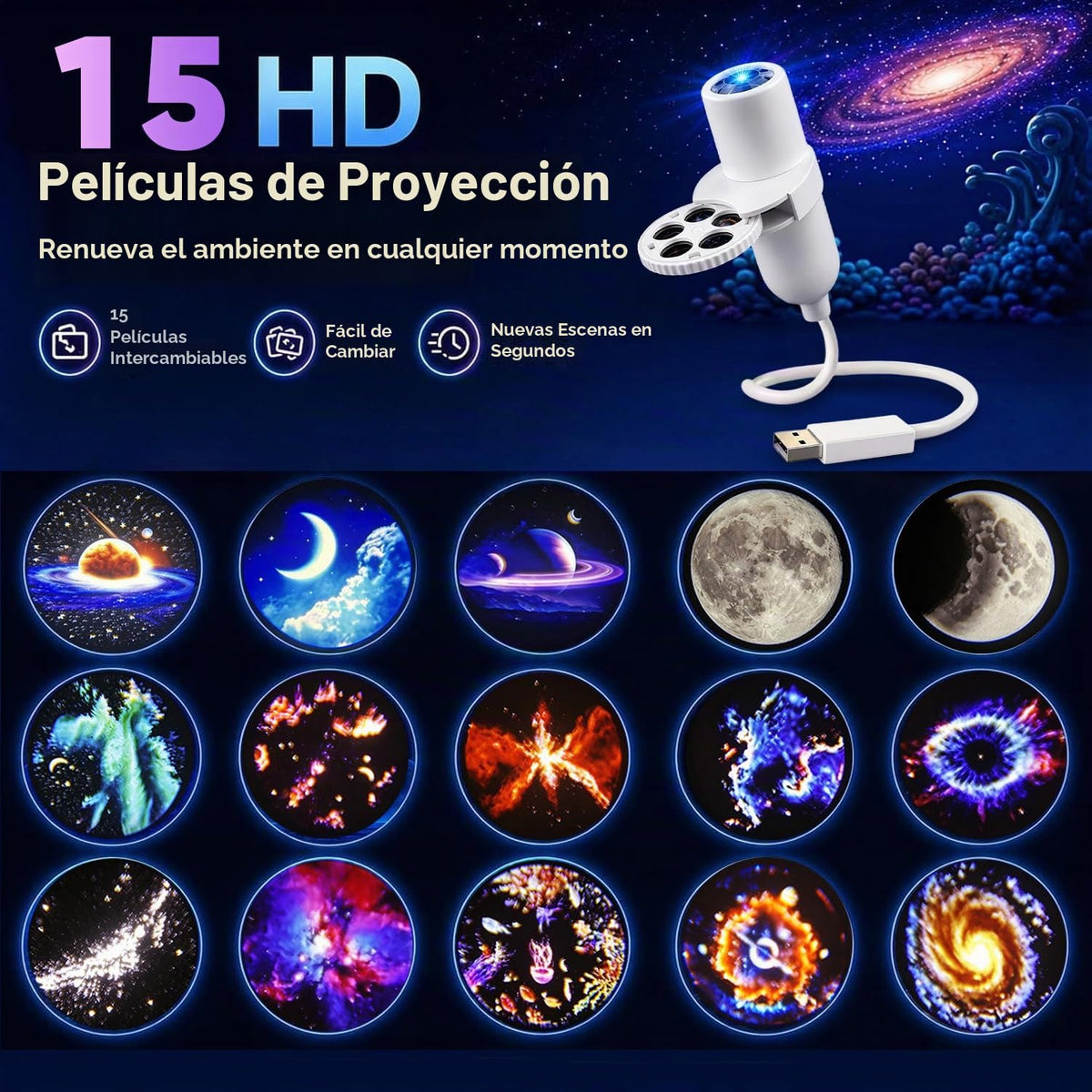 KQLHLHDYZ Proyector de luz nocturna, proyector de luz nocturna holográfica HD dinámico 5D, proyector de estrellas HD Plug and Play, proyector HD ajustable de 360° para techo de dormitorio
