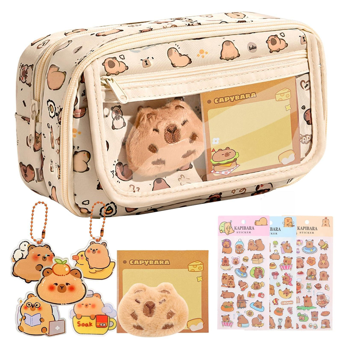 Capybara - Estuche Multicapa de Gran Capacidad con Llavero de muñeca Capybara, broches, Pegatinas, 2 en 1, Estuche extraíble con Cremallera